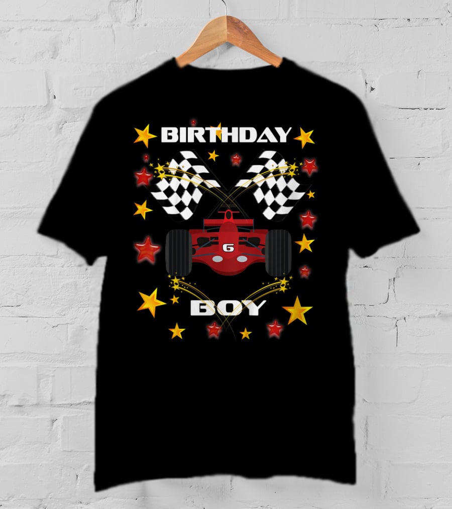 Birthday Boy 6 Racing Car Checkered Flags And Stars T-Shirt