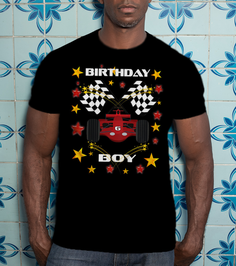 Birthday Boy 6 Racing Car Checkered Flags And Stars T-Shirt