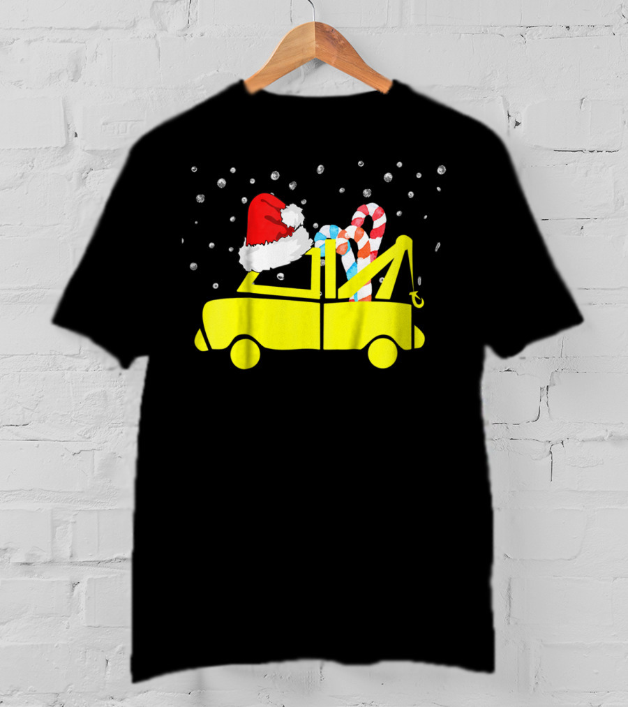 Kids Tow Truck Boys Christmas Santa Hat Candy Cane Snow T-Shirt