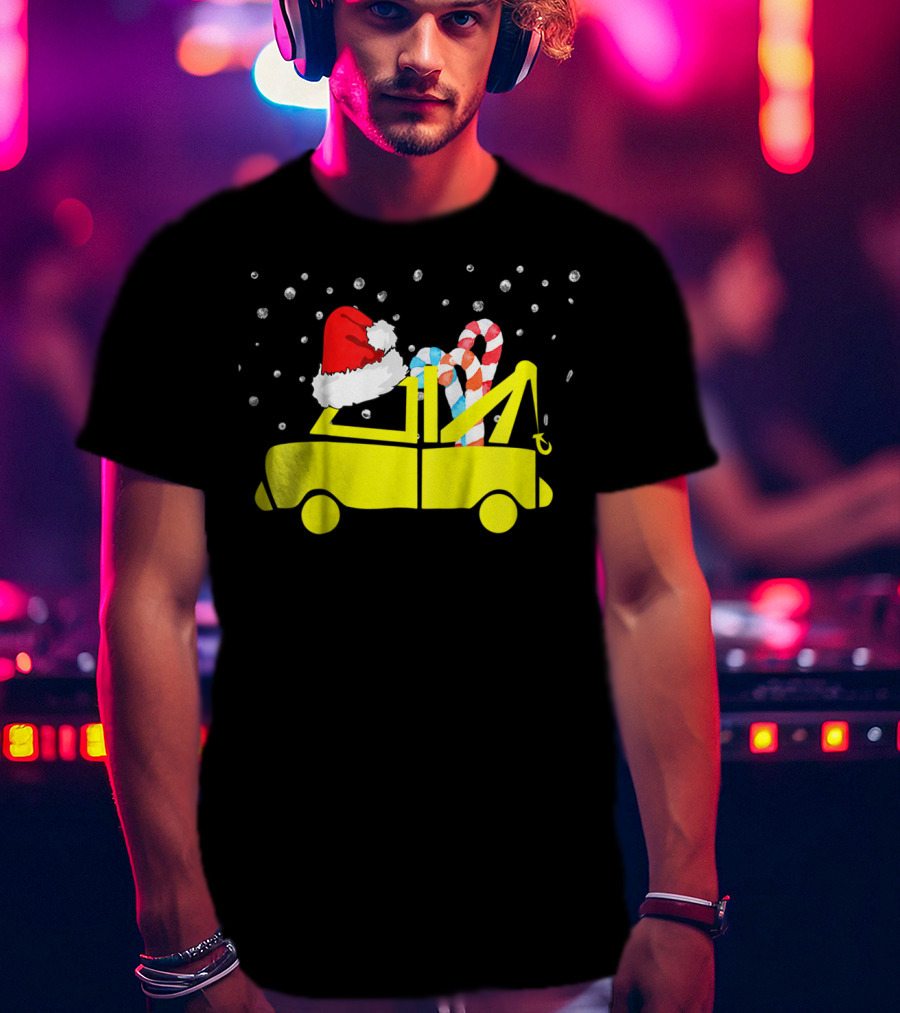 Kids Tow Truck Boys Christmas Santa Hat Candy Cane Snow T-Shirt