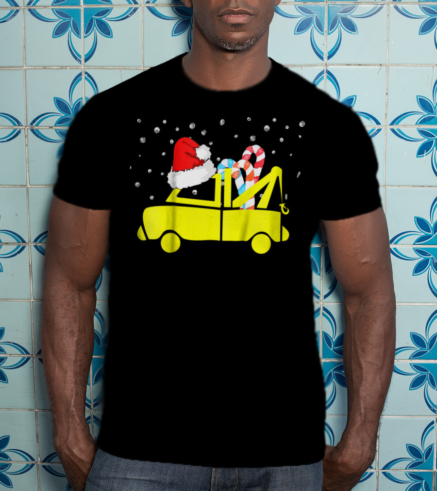 Kids Tow Truck Boys Christmas Santa Hat Candy Cane Snow T-Shirt