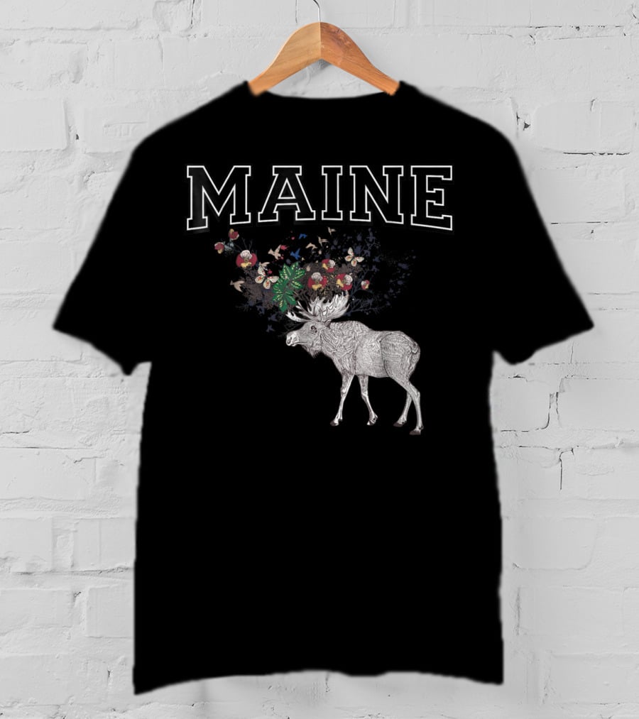 Maine Moose With Floral Antlers T-Shirt