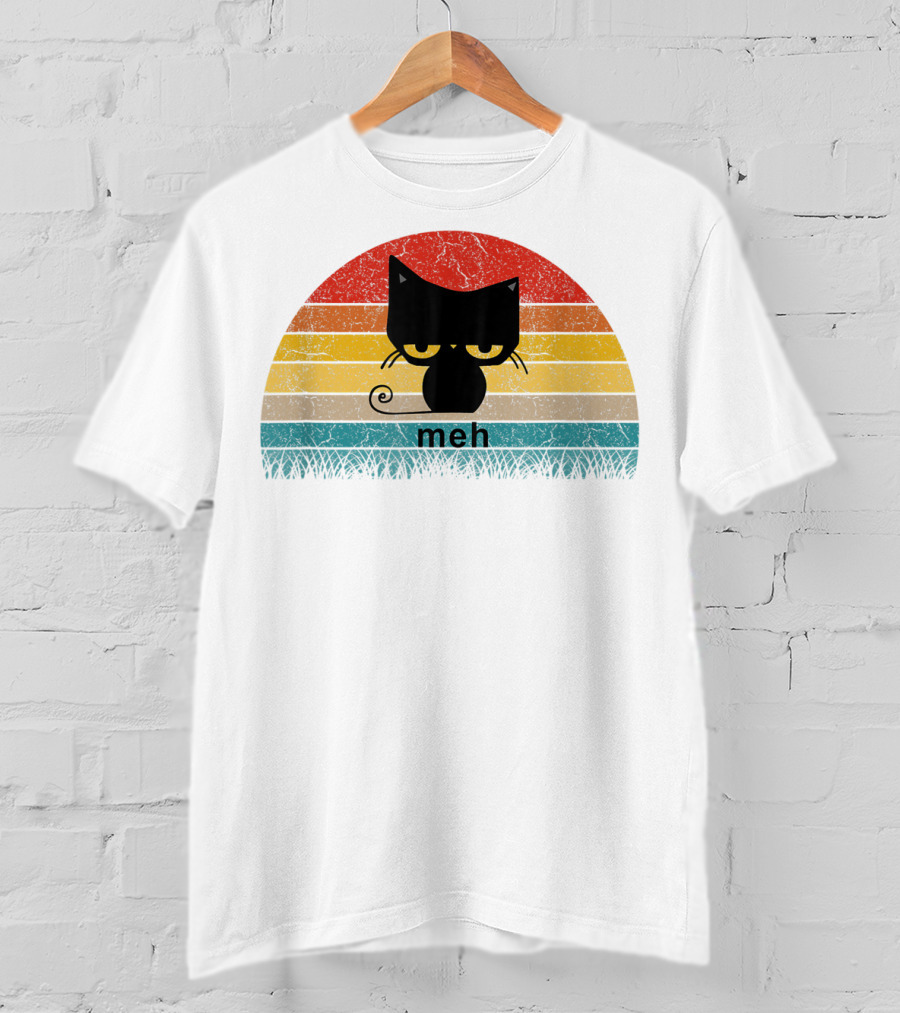 Meh Black Cat Retro Sunset Funny Cat Lovers T-Shirt