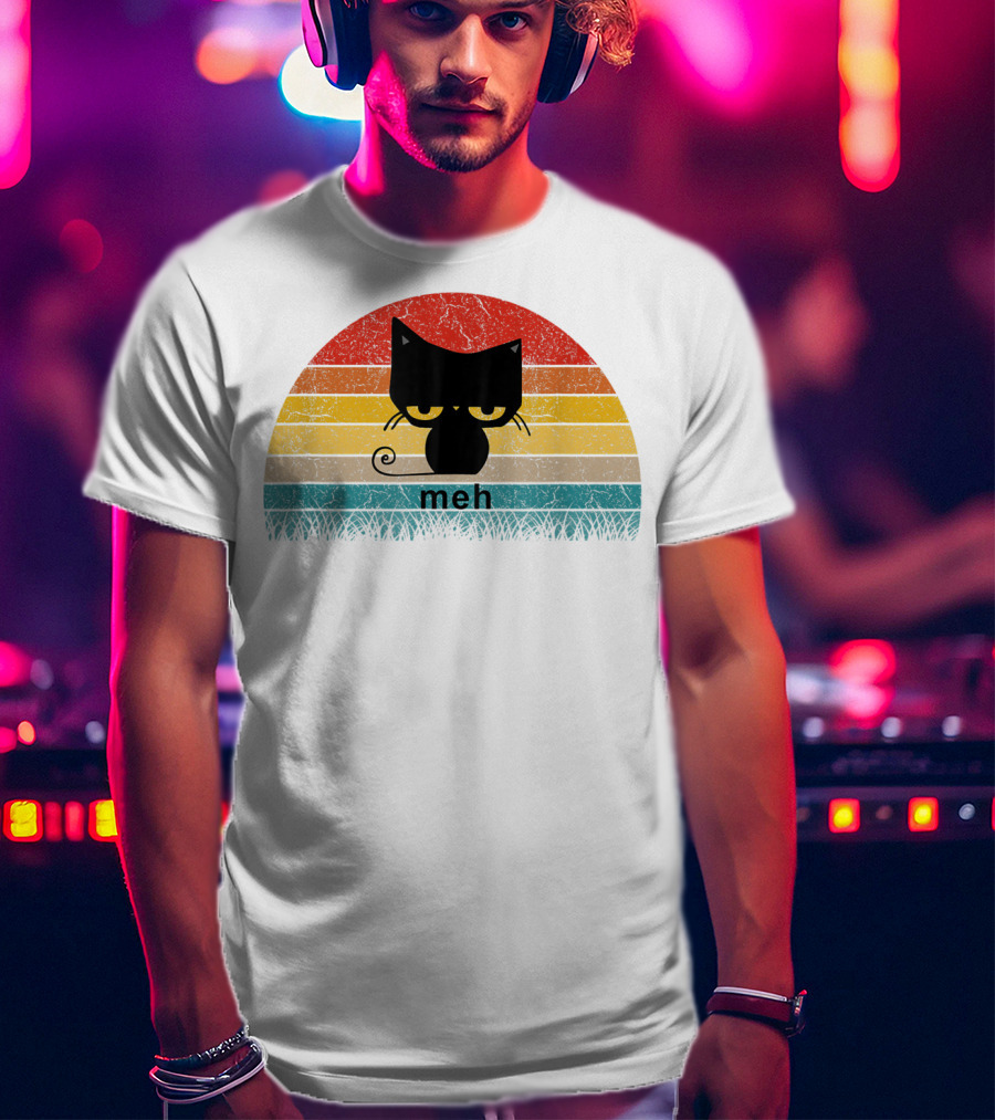 Meh Black Cat Retro Sunset Funny Cat Lovers T-Shirt