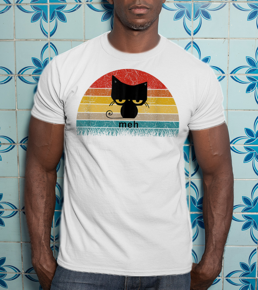 Meh Black Cat Retro Sunset Funny Cat Lovers T-Shirt