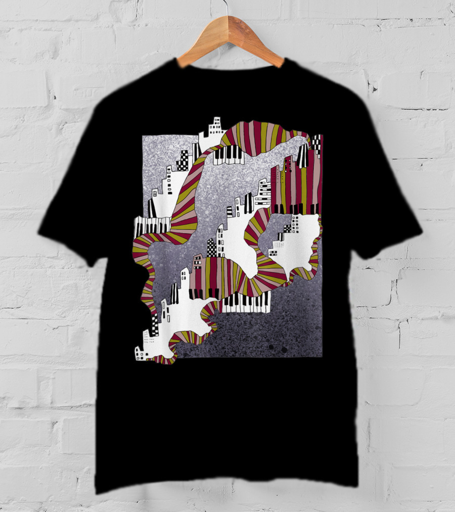 Mellow My Man Cityscape With 90s Hip Hop Piano Keys And Vibrant Stripes T-Shirt