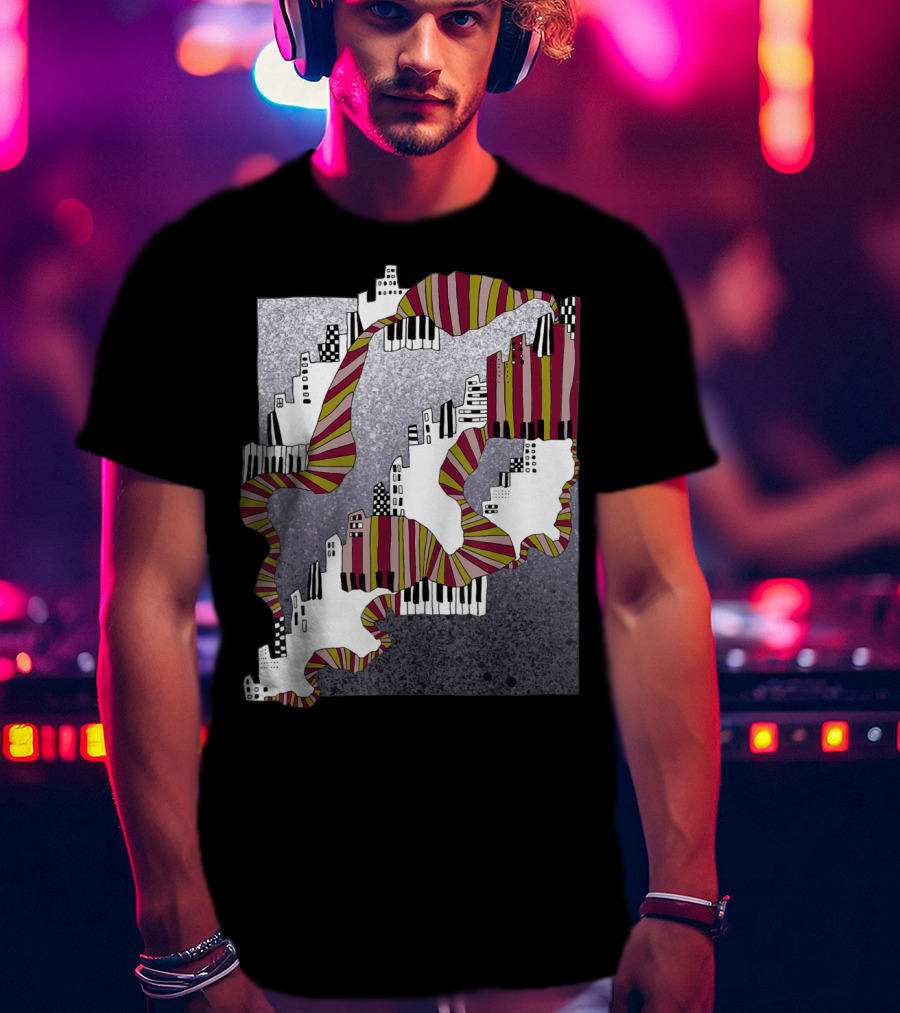 Mellow My Man Cityscape With 90s Hip Hop Piano Keys And Vibrant Stripes T-Shirt