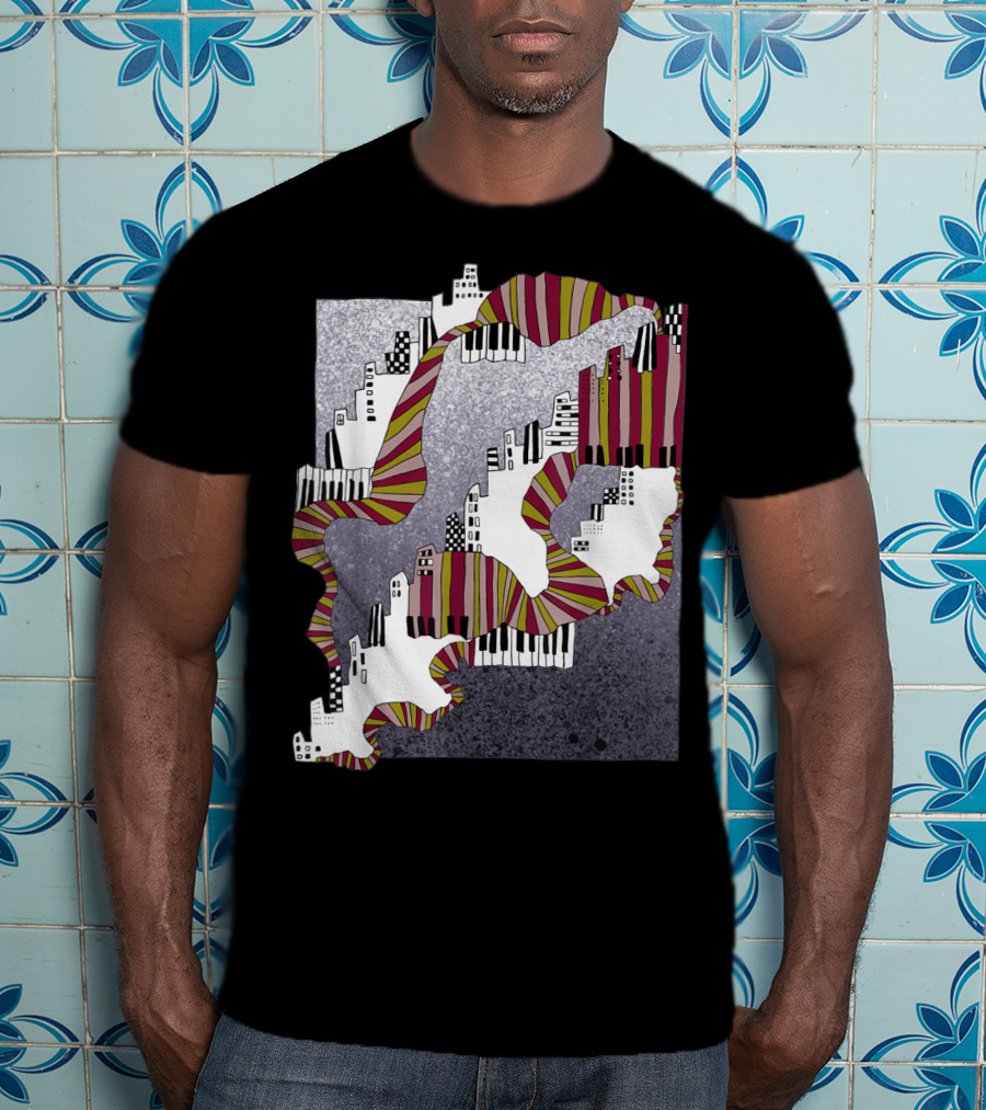 Mellow My Man Cityscape With 90s Hip Hop Piano Keys And Vibrant Stripes T-Shirt