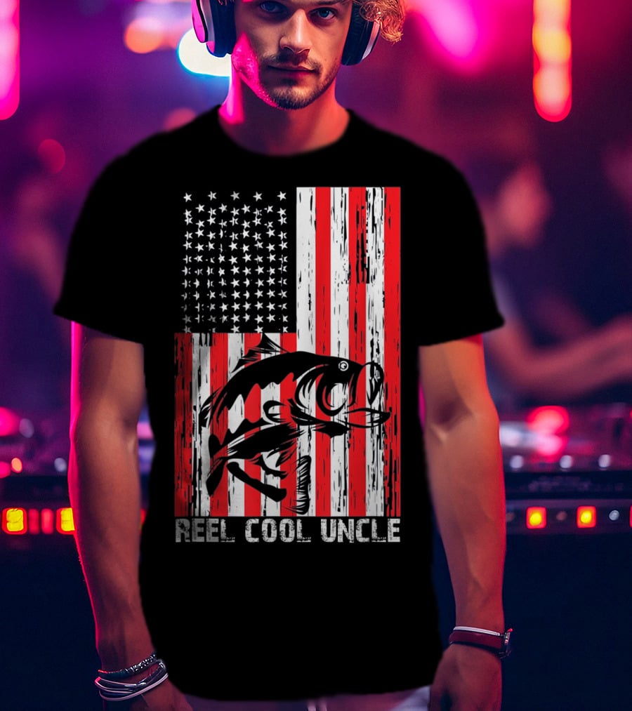 Reel Cool Uncle Vintage Fisherman American Flag T-Shirt