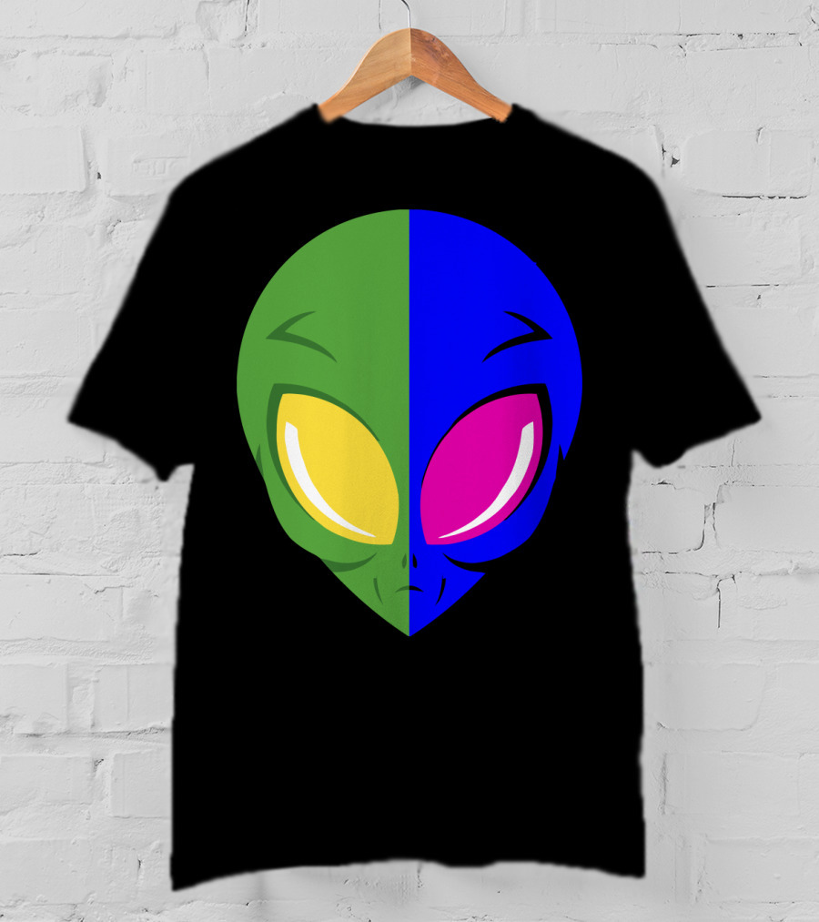Mens Glow In The Dark Alien Head Dual Colors Green Blue Yellow Pink T-Shirt