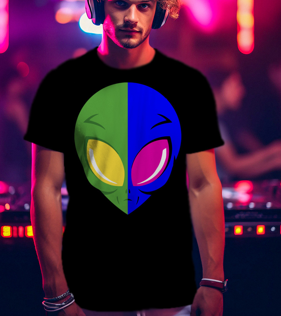 Mens Glow In The Dark Alien Head Dual Colors Green Blue Yellow Pink T-Shirt