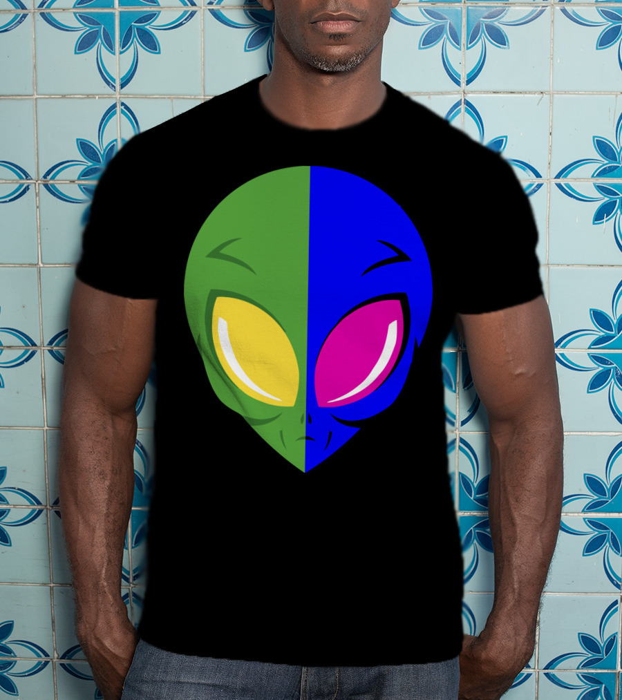 Mens Glow In The Dark Alien Head Dual Colors Green Blue Yellow Pink T-Shirt