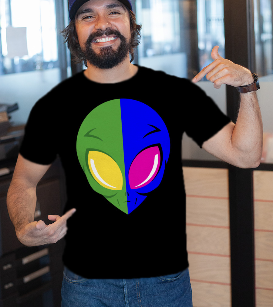 Mens Glow In The Dark Alien Head Dual Colors Green Blue Yellow Pink T-Shirt