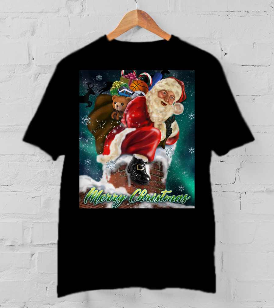 Merry Christmas Santa Claus On Chimney With Toy Sack Holiday Scene T-Shirt