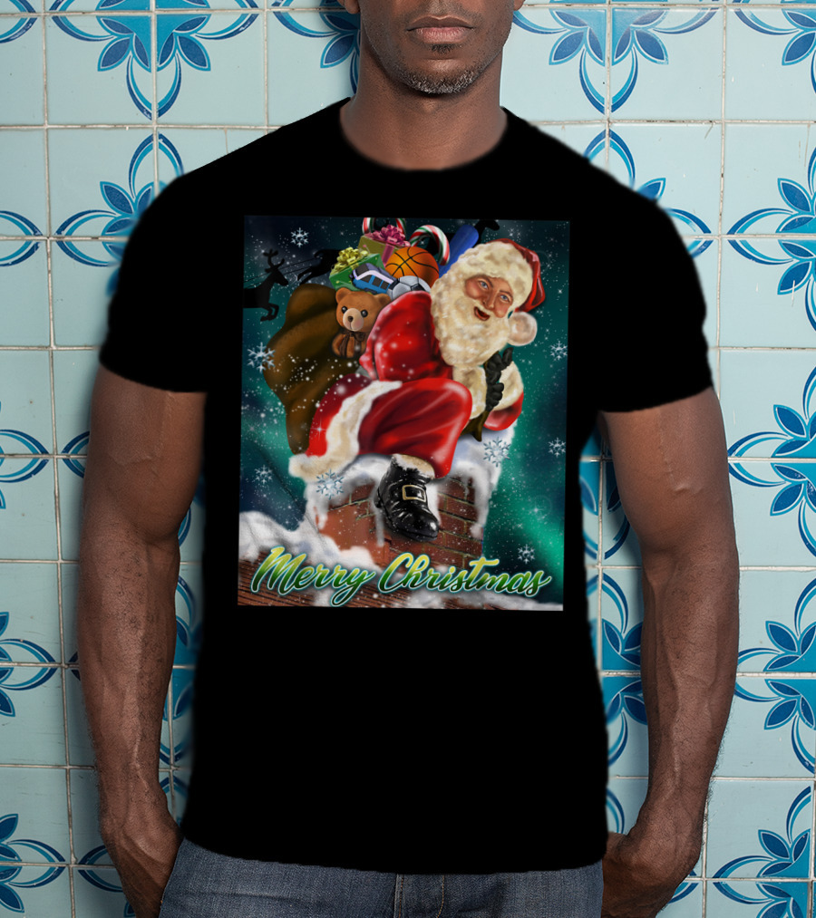 Merry Christmas Santa Claus On Chimney With Toy Sack Holiday Scene T-Shirt