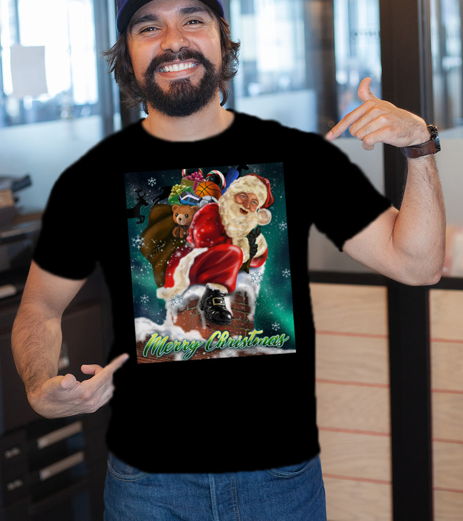 Merry Christmas Santa Claus On Chimney With Toy Sack Holiday Scene T-Shirt