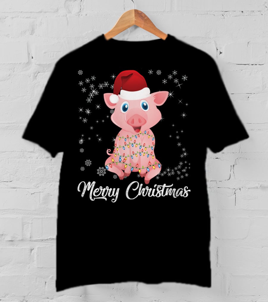 Merry Christmas Pig Santa Hat Wrapped In Holiday Lights T-Shirt