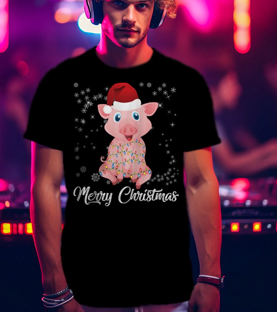 Merry Christmas Pig Santa Hat Wrapped In Holiday Lights T-Shirt