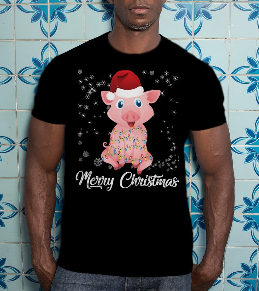 Merry Christmas Pig Santa Hat Wrapped In Holiday Lights T-Shirt
