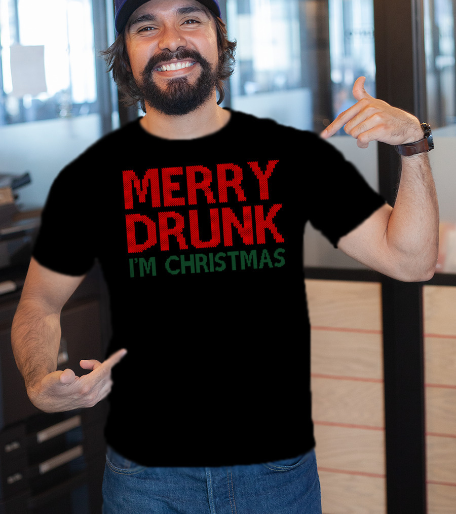 Merry Drunk I'm Christmas Funny Wine Glass Text Holiday Humor T-Shirt