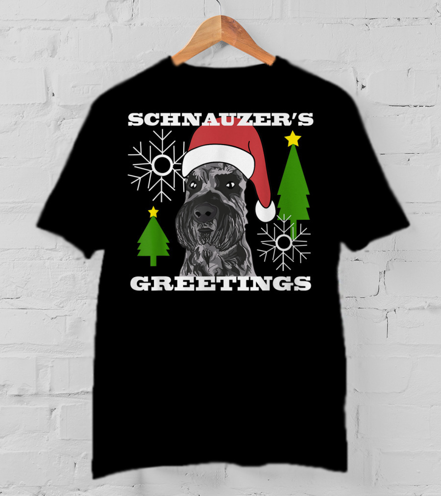 Schnauzer's Greetings Santa Hat Christmas Trees Snowflakes T-Shirt