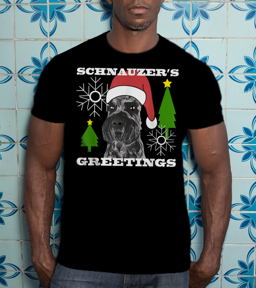Schnauzer's Greetings Santa Hat Christmas Trees Snowflakes T-Shirt