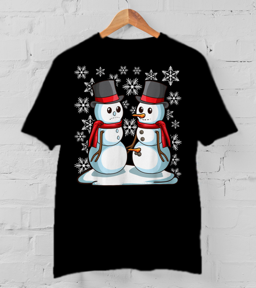 Naughty Christmas Snowmen With Carrot And Top Hats Amidst Snowflakes T-Shirt