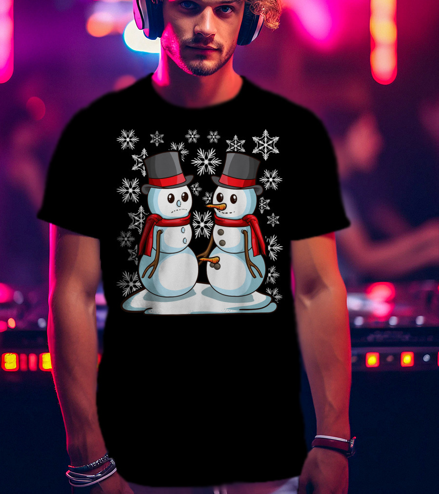 Naughty Christmas Snowmen With Carrot And Top Hats Amidst Snowflakes T-Shirt