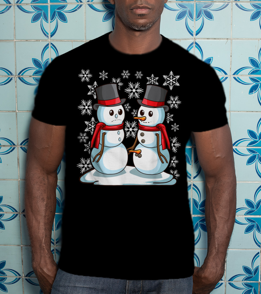 Naughty Christmas Snowmen With Carrot And Top Hats Amidst Snowflakes T-Shirt
