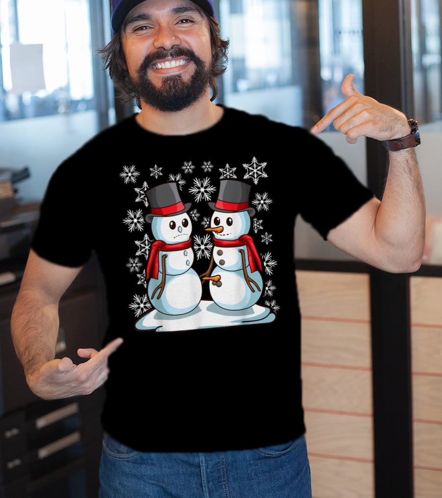 Naughty Christmas Snowmen With Carrot And Top Hats Amidst Snowflakes T-Shirt