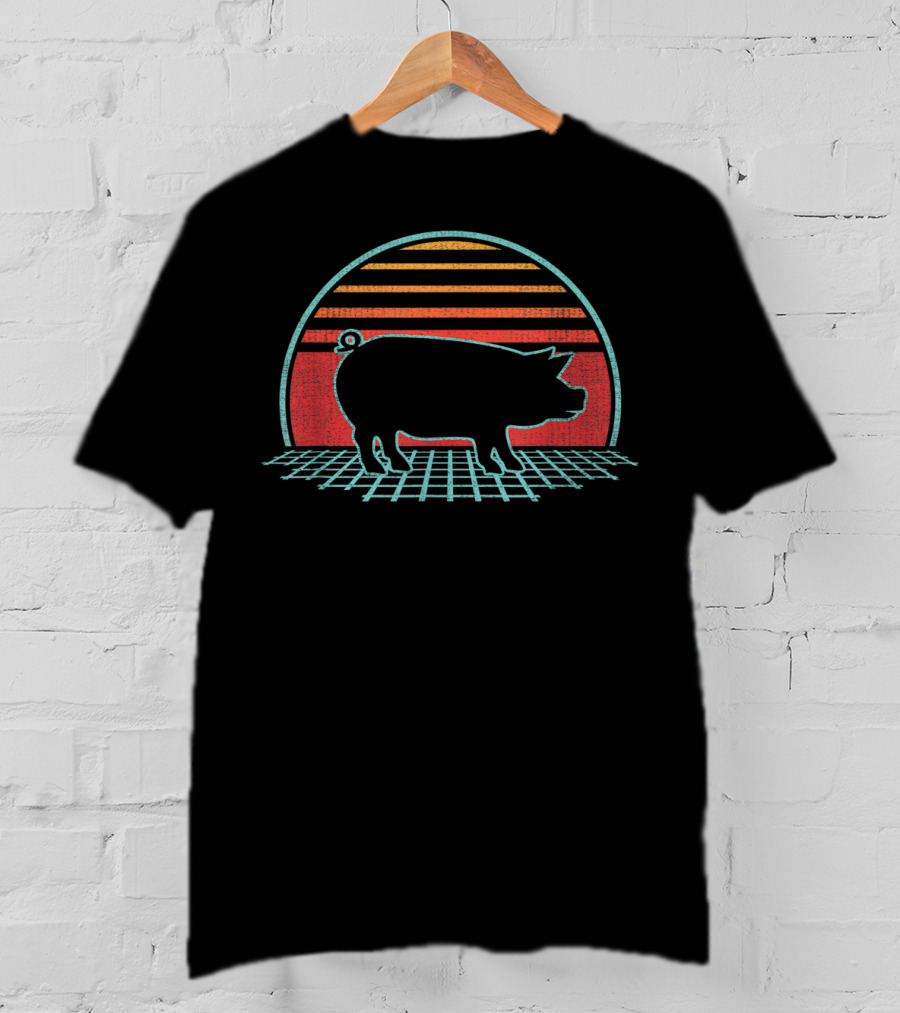 Pig Retro Sunset Grid 80s Farm Animal Lover T-Shirt