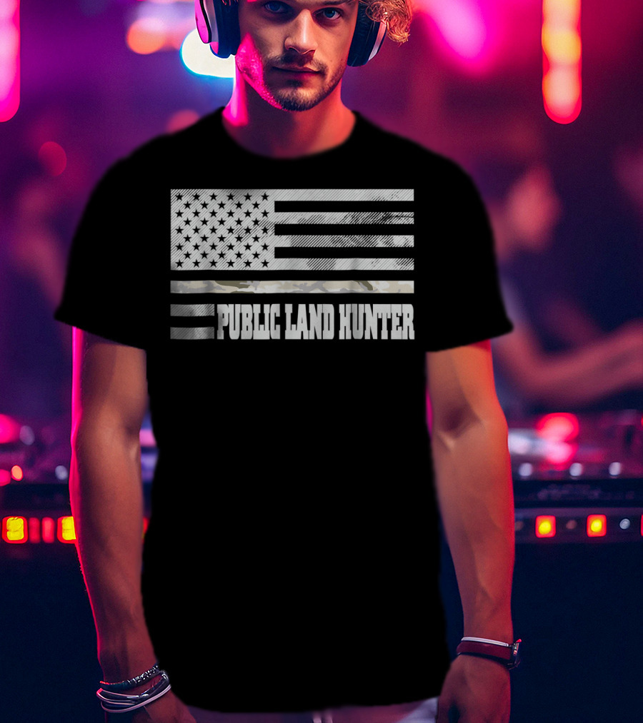 Public Land Hunter Camo Thin Line USA Flag Hunting American Pride T-Shirt