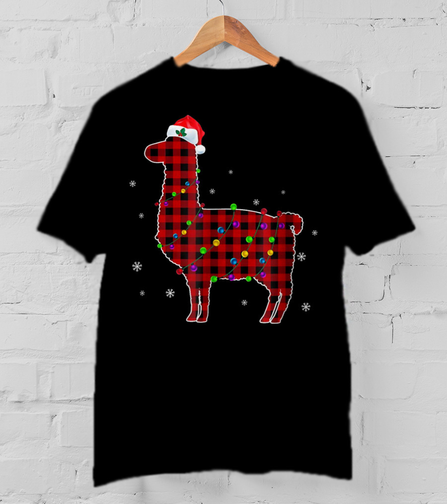 Red Plaid Buffalo Llama Christmas Lights Santa Hat T-Shirt