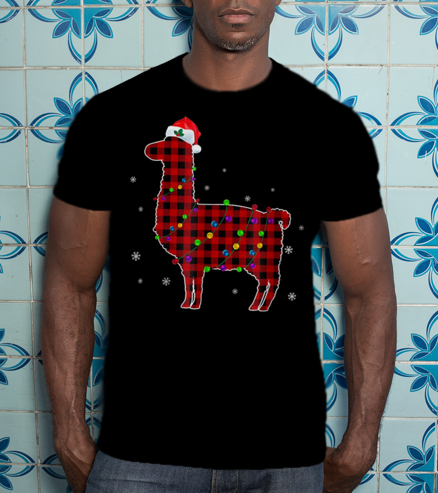 Red Plaid Buffalo Llama Christmas Lights Santa Hat T-Shirt
