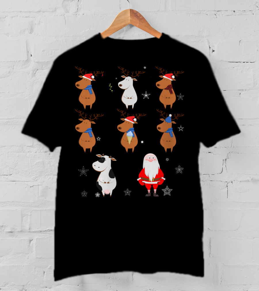 Santa Claus Reindeers With Cow And Snowflakes T-Shirt