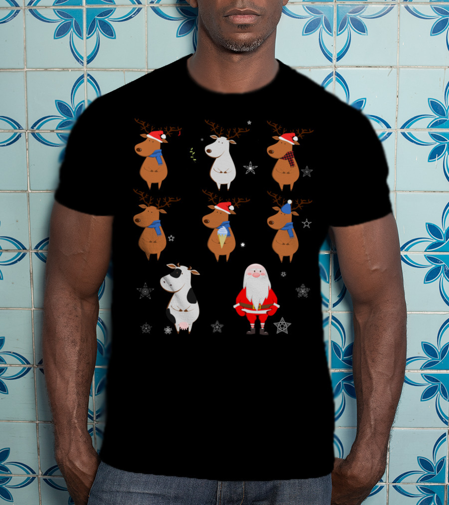 Santa Claus Reindeers With Cow And Snowflakes T-Shirt