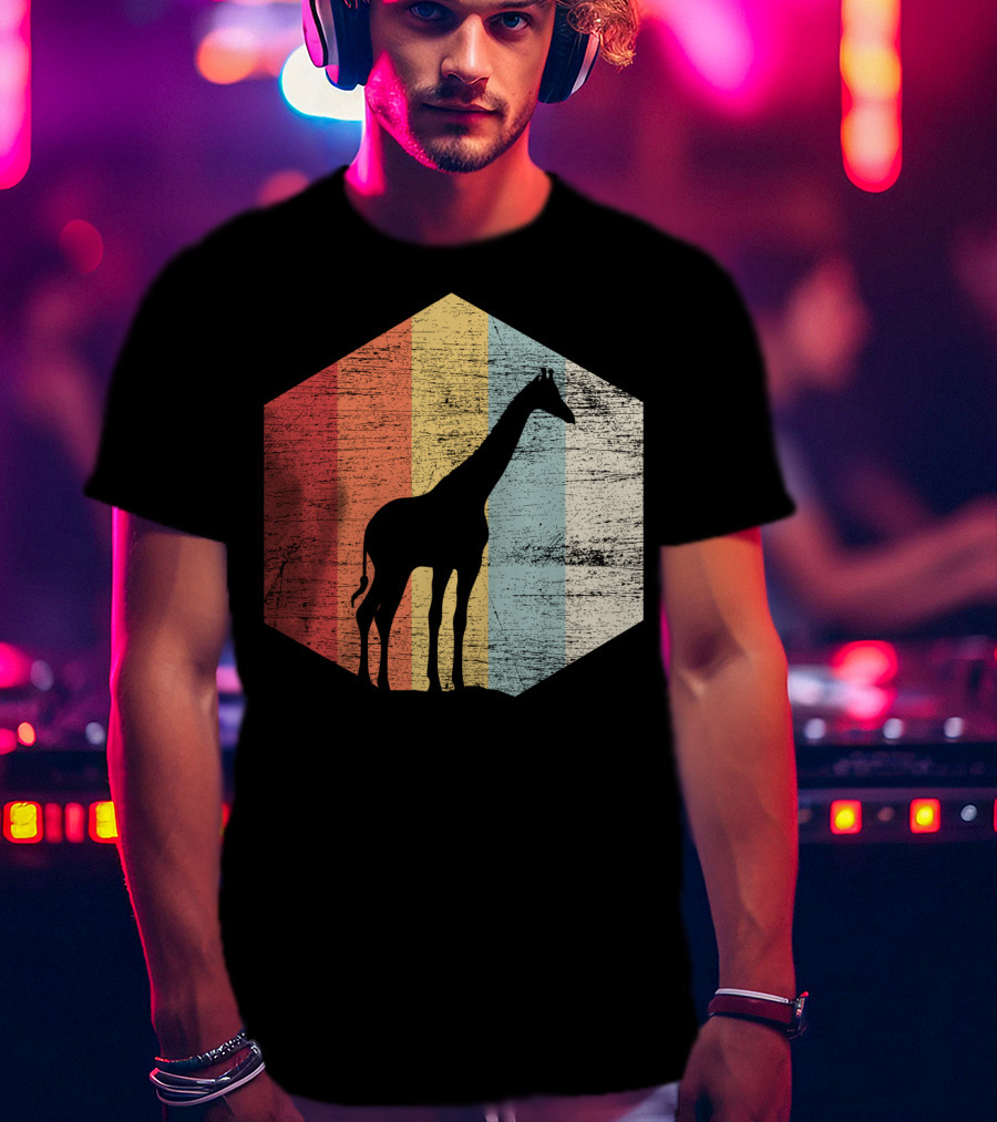 Retro Giraffe Silhouette With Vintage Stripes T-Shirt