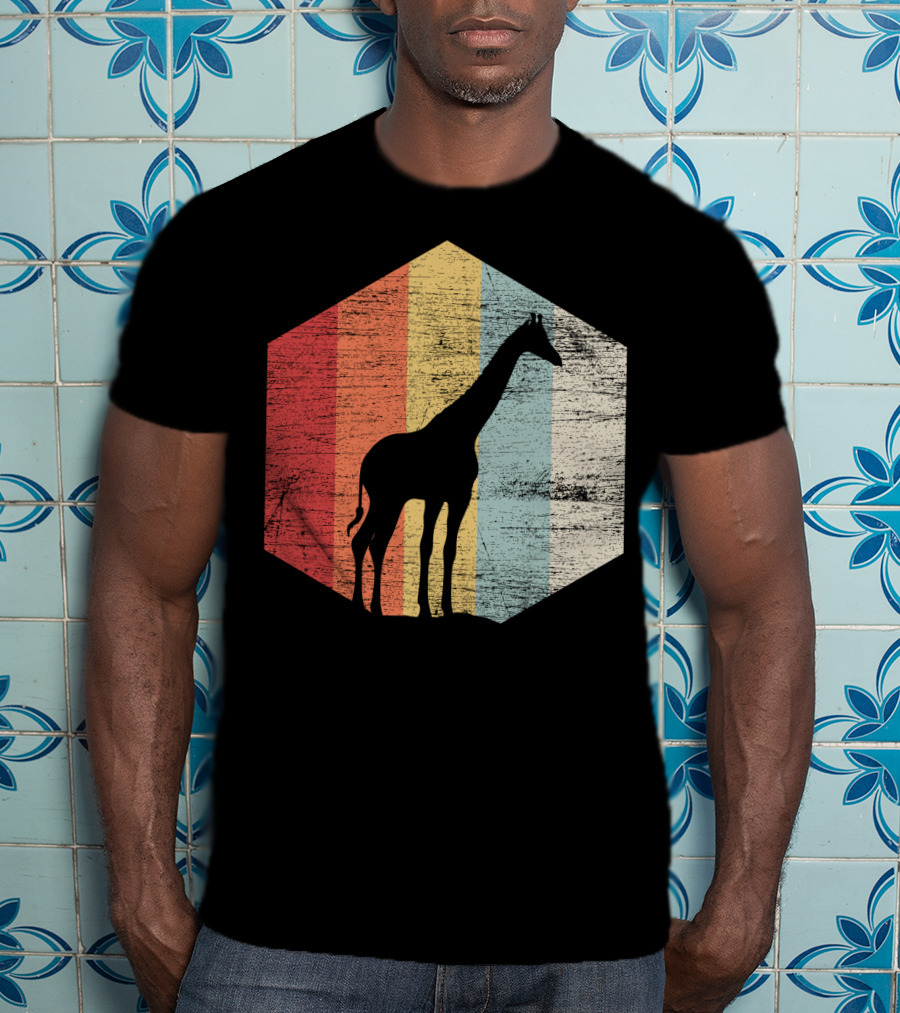 Retro Giraffe Silhouette With Vintage Stripes T-Shirt