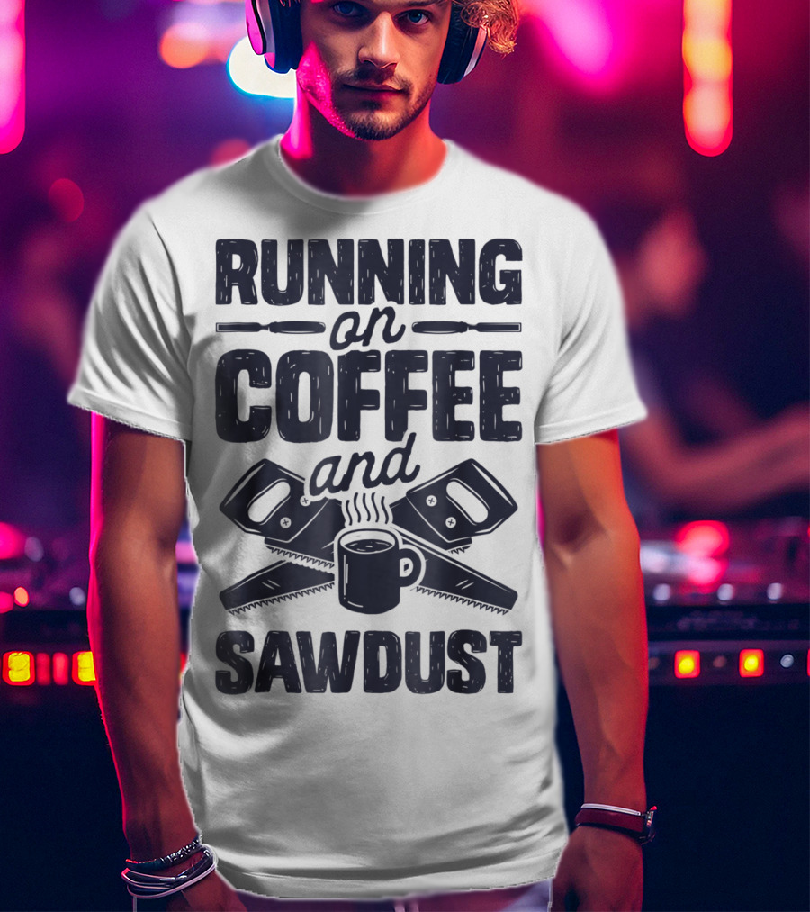 Running On Coffee And Sawdust With Crossed Saws And Coffee Mug T-Shirt