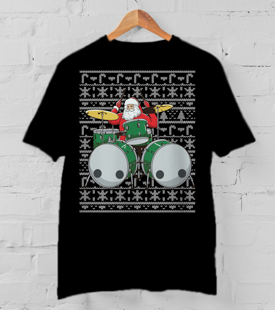 Santa Drummer Christmas Ugly Sweater Style Drums T-Shirt