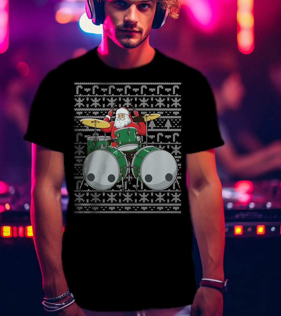 Santa Drummer Christmas Ugly Sweater Style Drums T-Shirt