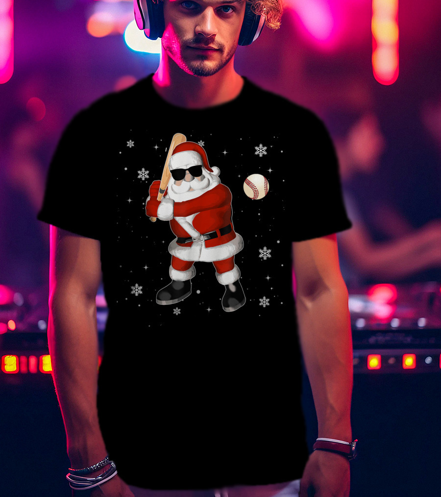 Santa Baseball Snowflake Batting Holiday T-Shirt