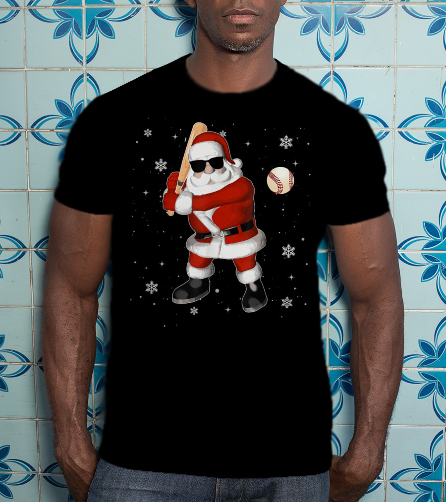 Santa Baseball Snowflake Batting Holiday T-Shirt