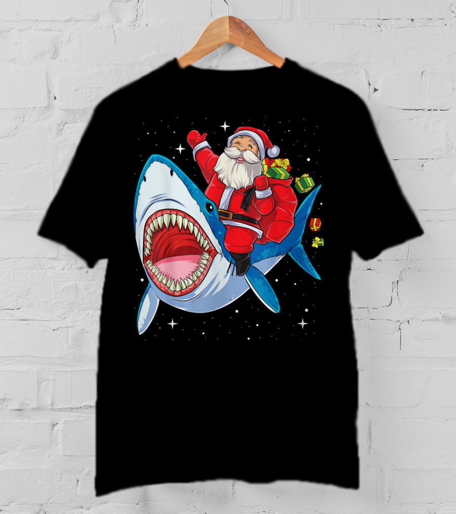 Santa And Presents On Shark In Starry Christmas Galaxy T-Shirt