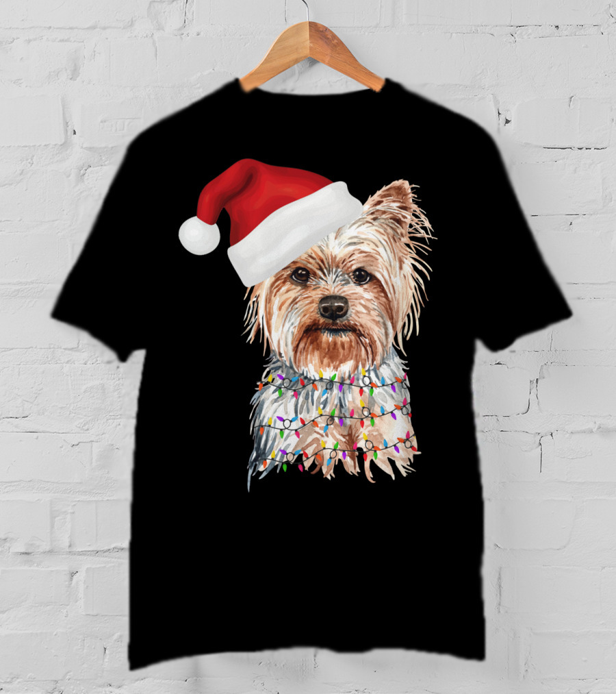 Santa Yorkie Terrier Dog With Christmas Lights Reindeer T-Shirt