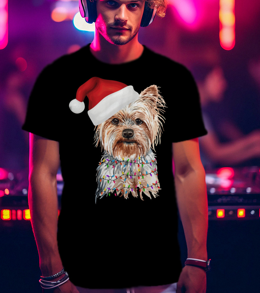 Santa Yorkie Terrier Dog With Christmas Lights Reindeer T-Shirt