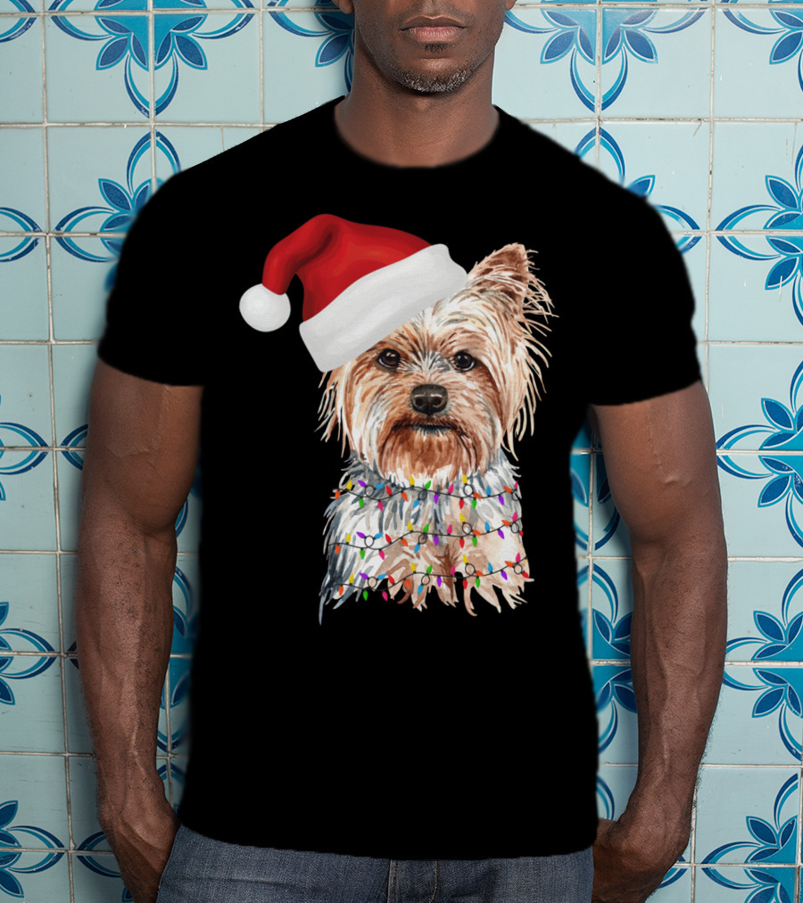 Santa Yorkie Terrier Dog With Christmas Lights Reindeer T-Shirt