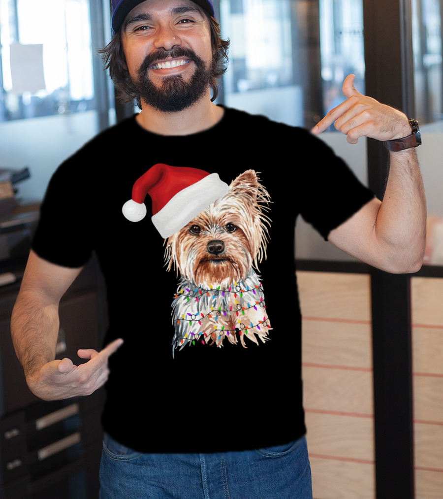 Santa Yorkie Terrier Dog With Christmas Lights Reindeer T-Shirt
