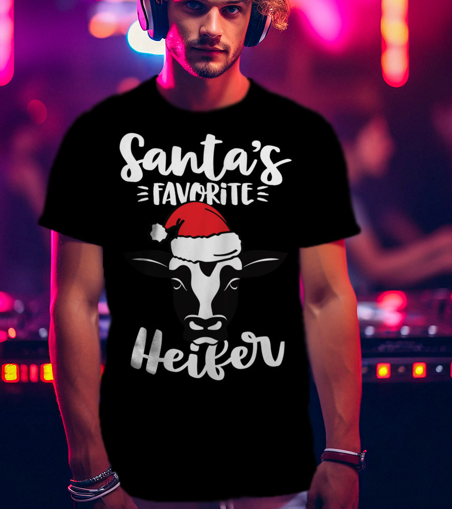 Santa's Favorite Heifer Cow Cattle Farmer Christmas Santa Hat T-Shirt