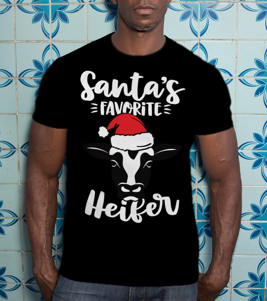 Santa's Favorite Heifer Cow Cattle Farmer Christmas Santa Hat T-Shirt
